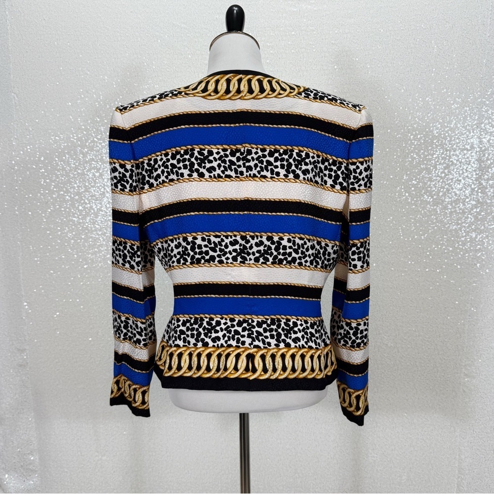Adrianna Papell 100% Silk Chain Leopard Print Jacket Blazer Blue Gold Size 14 - Picture 6 of 11